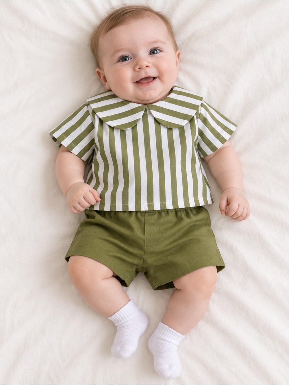 Edgehill Collection Baby Boy Set Green Stripe Peter Pan Collar Shorts 3M NWT